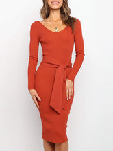 Long Sleeve Belted Knit Bodycon Solid Color Midi Dress